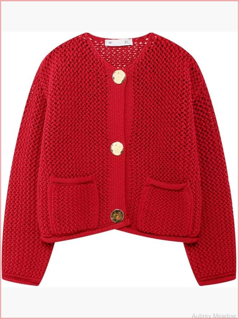 Cropped Chunky Knit Cardigan Gold Button Open Front Sweater